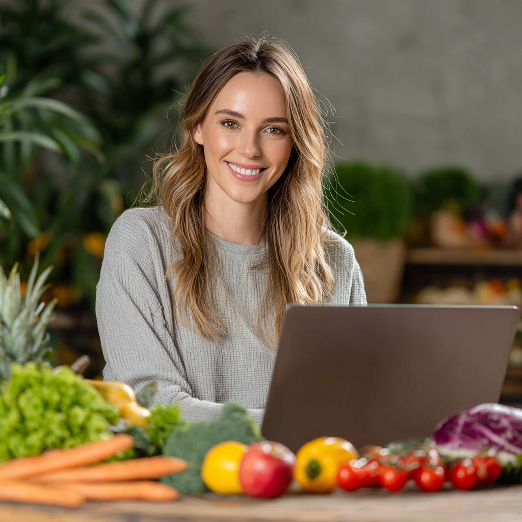 Mosolygós európai megjelenésű középkorú nő egészséges salátát eszik, világos konyhában, természetes megvilágításban, realisztikus stílus