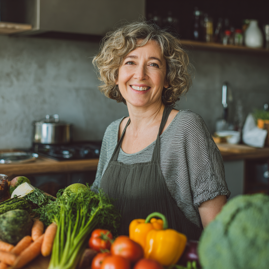 Mosolygós európai megjelenésű fiatal férfi egészséges ételt készít a konyhában, friss zöldségekkel, természetes megvilágítás, realisztikus stílus