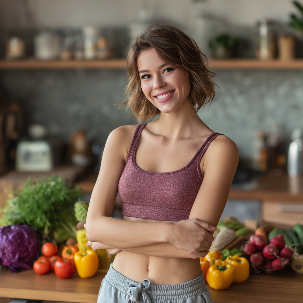 Mosolygós európai megjelenésű fiatal nő egészséges smoothie-t iszik, természetes fényben, modern konyhában, realisztikus stílus